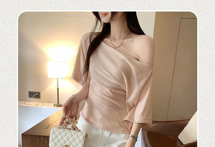 Off-Shoulder Sheer Slim Tee with Three-Quarter Sleeves