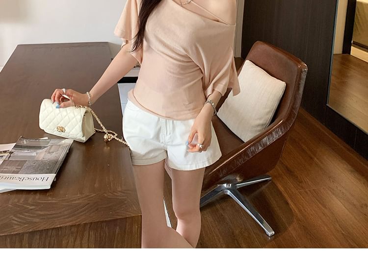 Off-Shoulder Sheer Slim Tee with Three-Quarter Sleeves