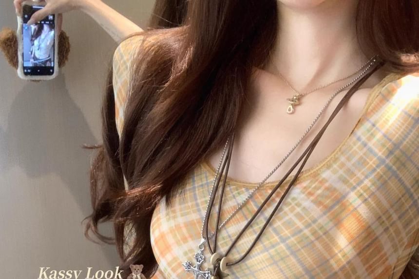 Plaid Scoop Neck Top with Various Designs