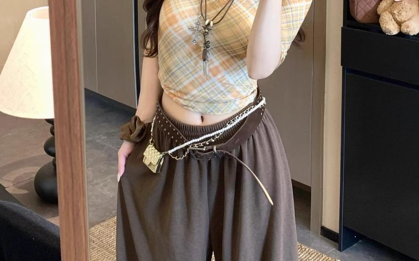Plaid Scoop Neck Top with Various Designs