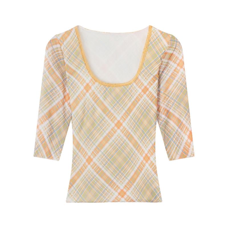 Plaid Scoop Neck Top with Various Designs