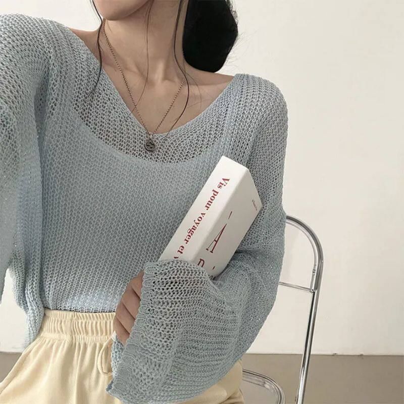 Perforated Sheer V-Neck Knit Top with Long Sleeves