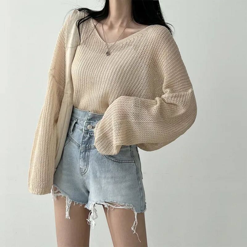 Perforated Sheer V-Neck Knit Top with Long Sleeves