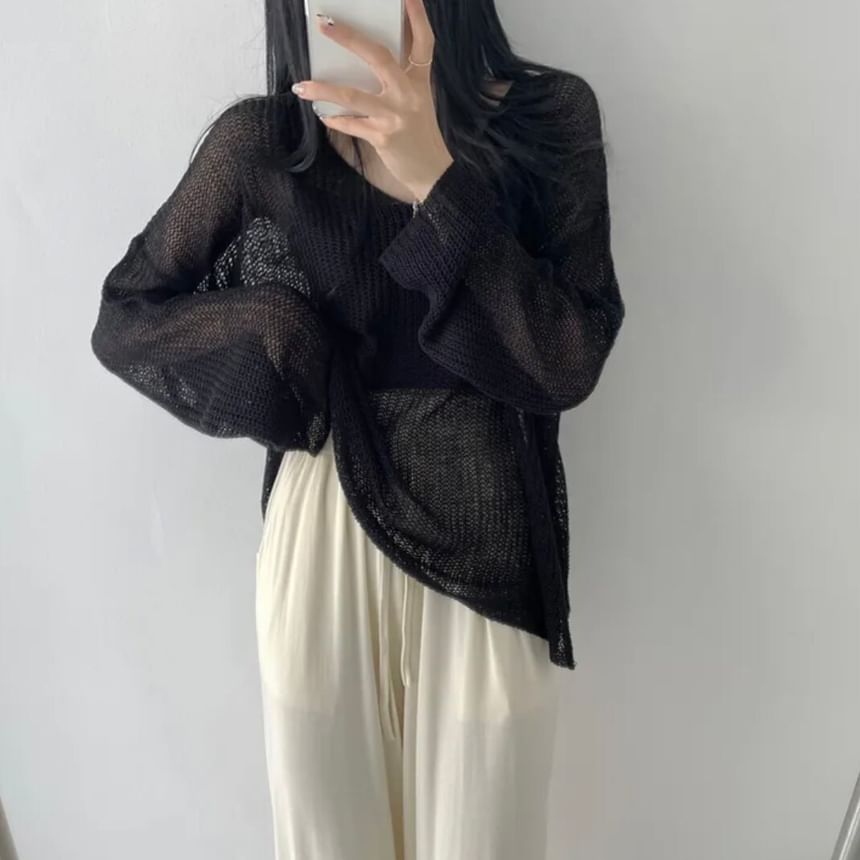 Perforated Sheer V-Neck Knit Top with Long Sleeves