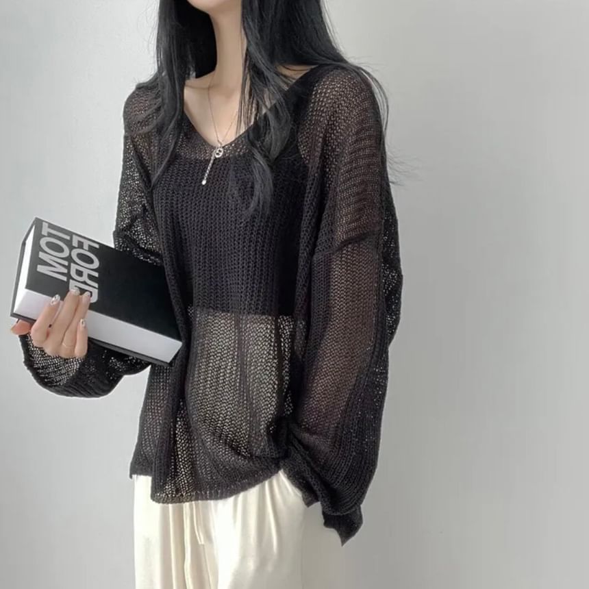 Perforated Sheer V-Neck Knit Top with Long Sleeves