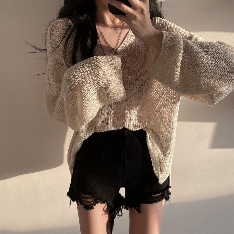 Perforated Sheer V-Neck Knit Top with Long Sleeves