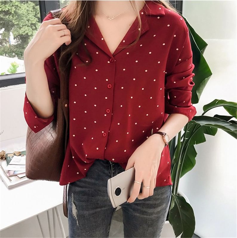 Collared Dotted Long-Sleeve Blouse
