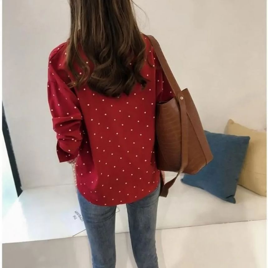 Collared Dotted Long-Sleeve Blouse
