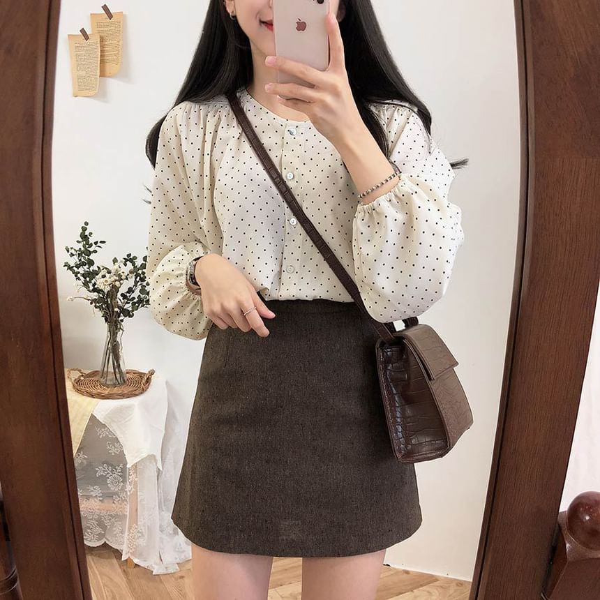 Dotted Round Neck Long-Sleeve Blouse