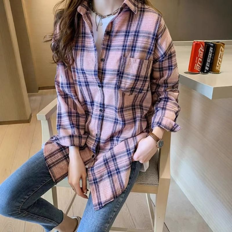 Collared Plaid Long-Sleeve Shirt