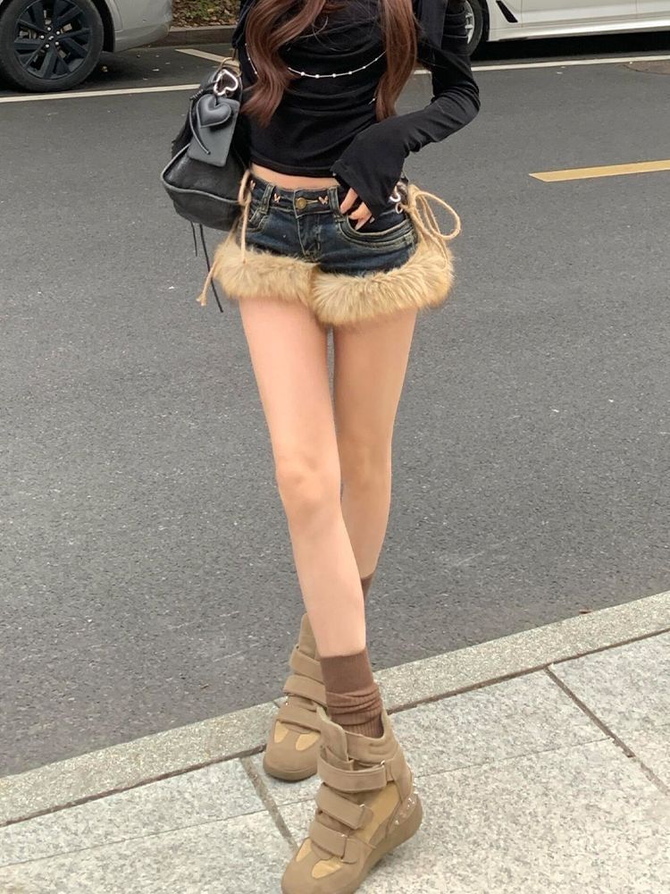 Mid Rise Washed Denim Fluffy Shorts