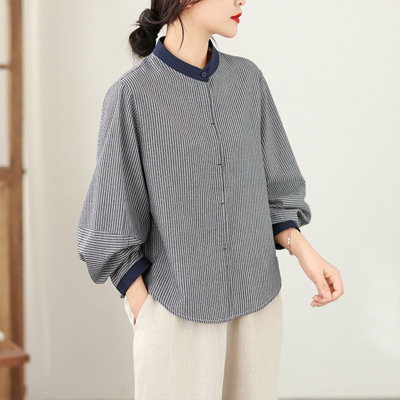 Pinstriped Button-Up Blouse with Band Collar and Long Sleeves