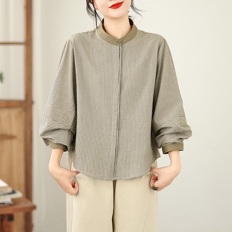 Pinstriped Button-Up Blouse with Band Collar and Long Sleeves