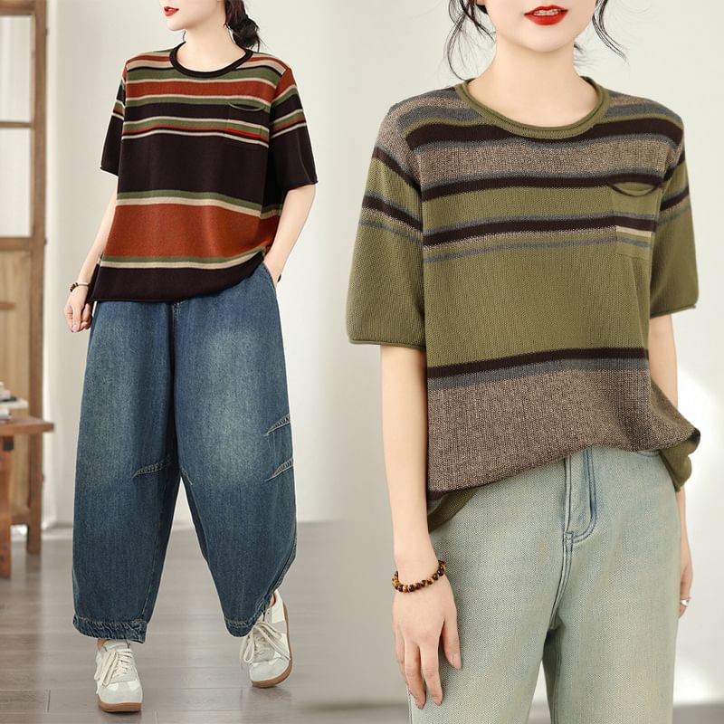 Striped Knit Tee with Round Neck and Short Sleeves
