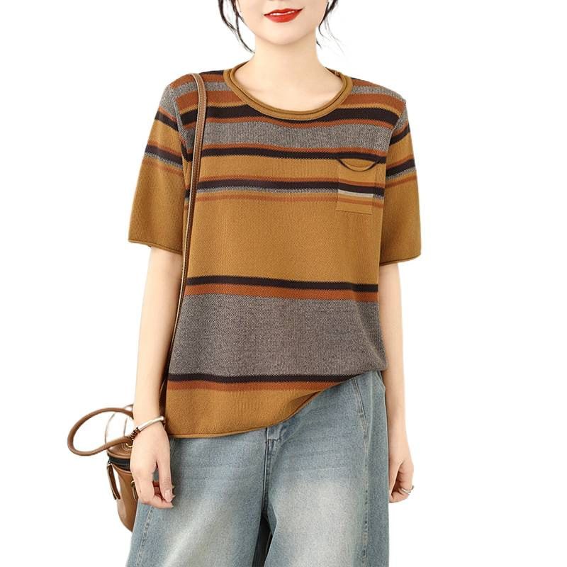 Striped Knit Tee with Round Neck and Short Sleeves