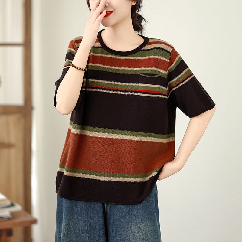 Striped Knit Tee with Round Neck and Short Sleeves