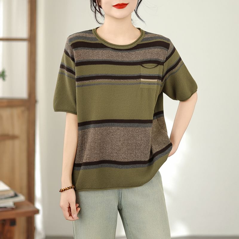 Striped Knit Tee with Round Neck and Short Sleeves