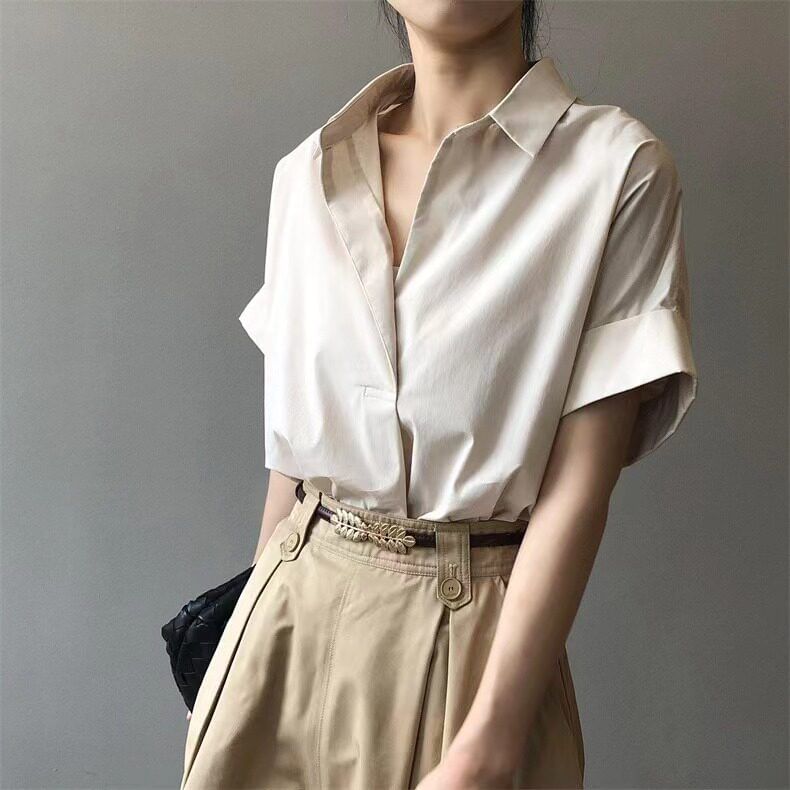 Open Placket Collared Short-Sleeve Shirt