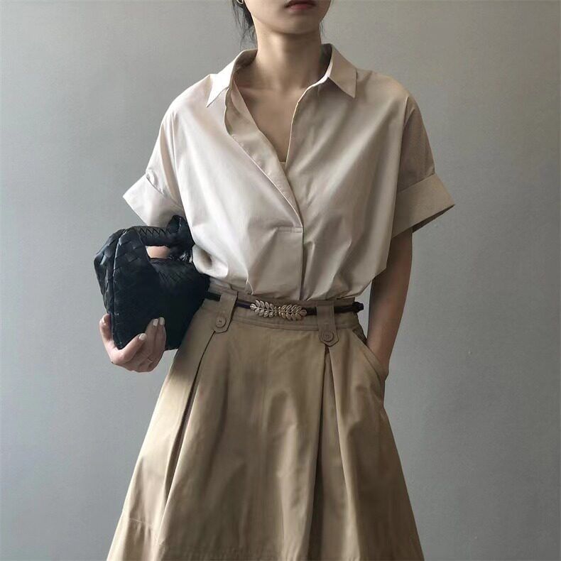 Open Placket Collared Short-Sleeve Shirt