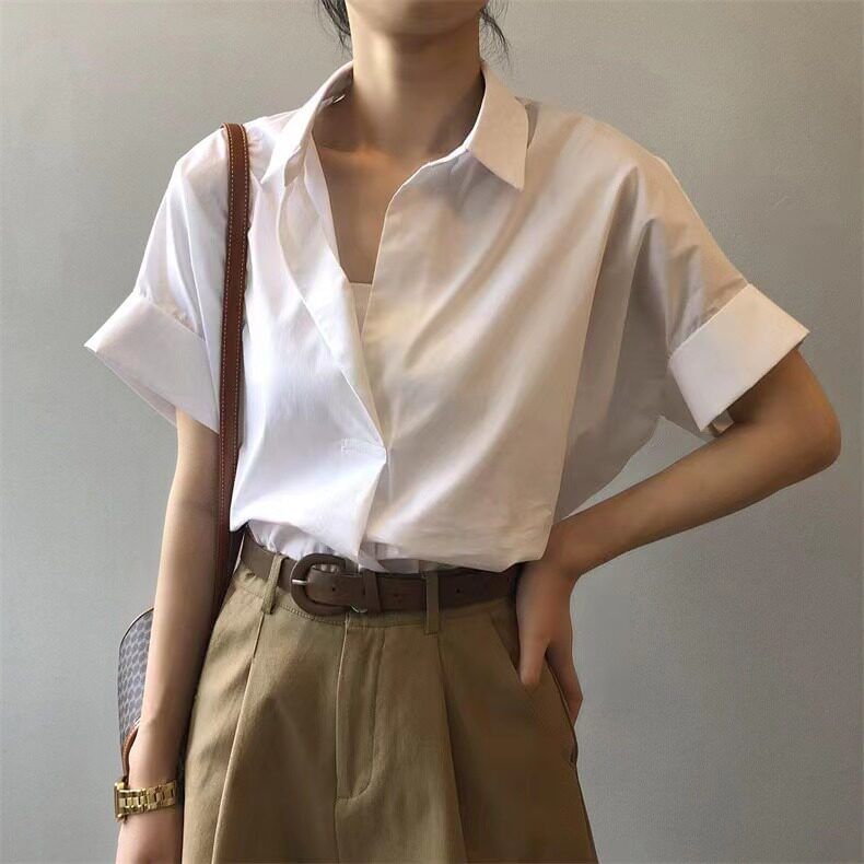 Open Placket Collared Short-Sleeve Shirt