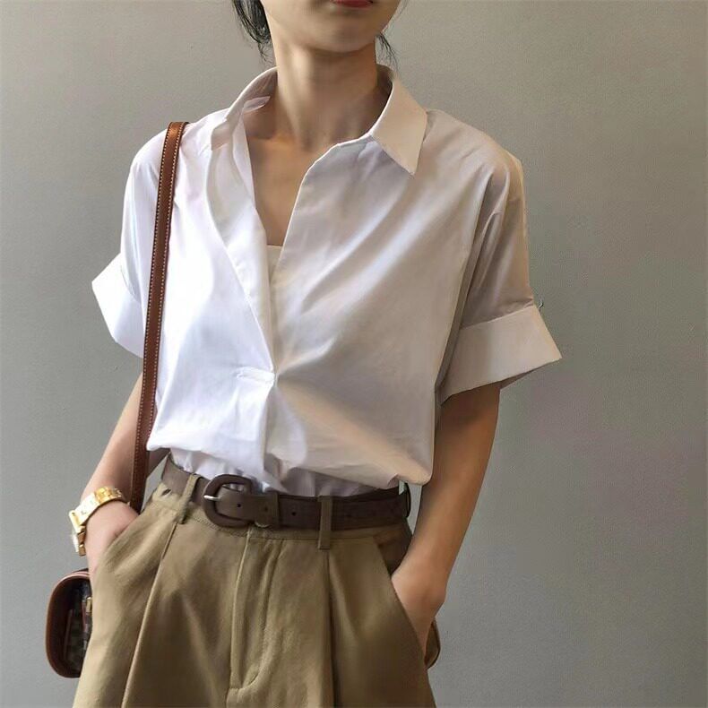 Open Placket Collared Short-Sleeve Shirt