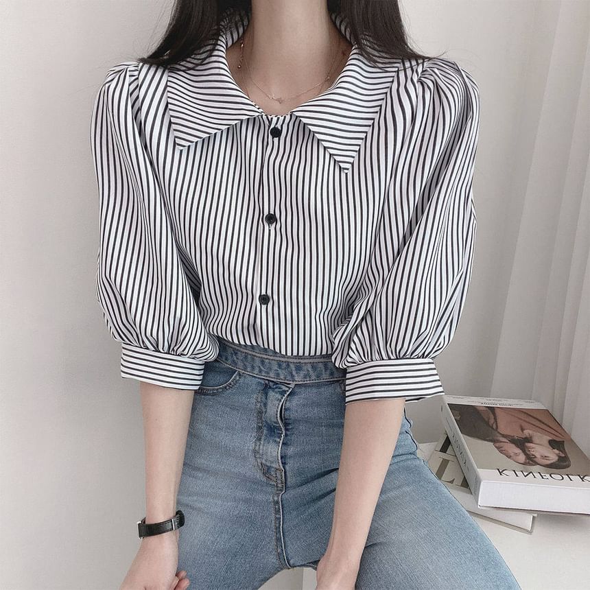 Striped Puff-Sleeve Collared Blouse
