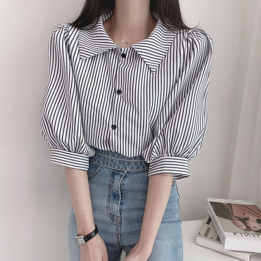 Striped Puff-Sleeve Collared Blouse