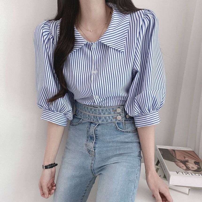 Striped Puff-Sleeve Collared Blouse
