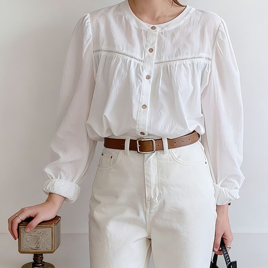 Gathered Panel Blouse with Round Neck and Long Sleeves
