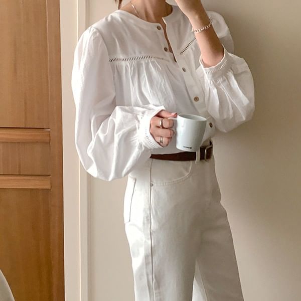 Gathered Panel Blouse with Round Neck and Long Sleeves