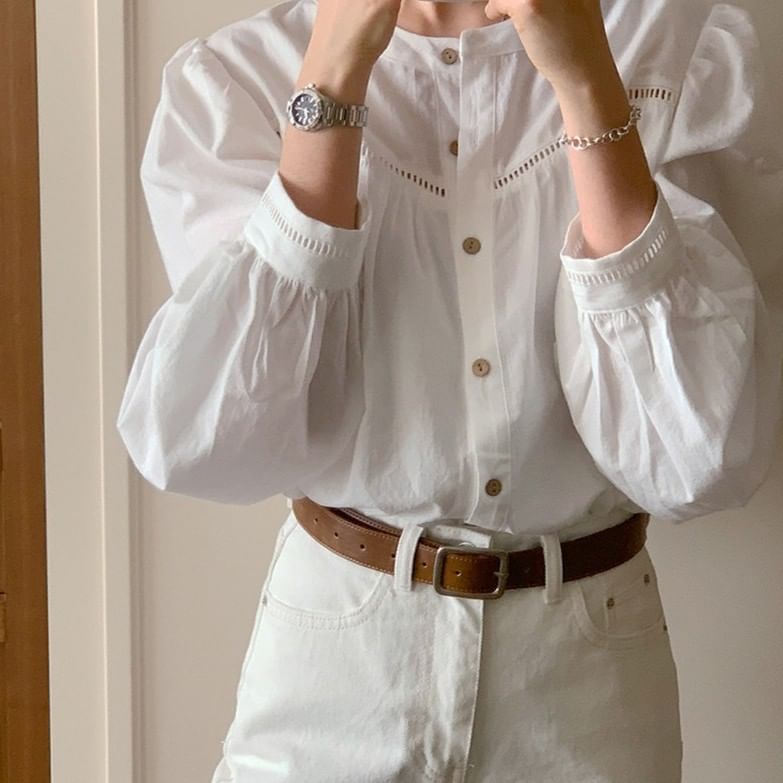 Gathered Panel Blouse with Round Neck and Long Sleeves