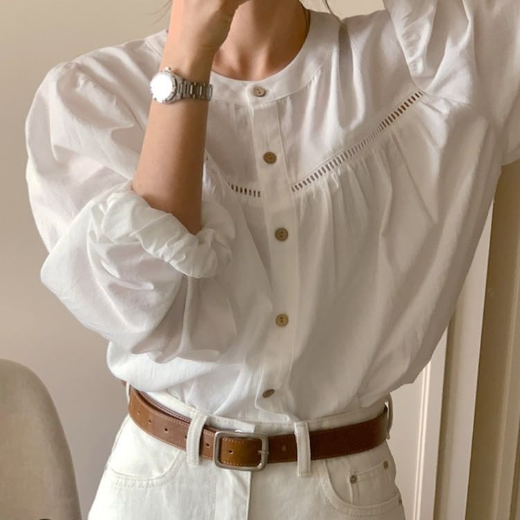 Gathered Panel Blouse with Round Neck and Long Sleeves