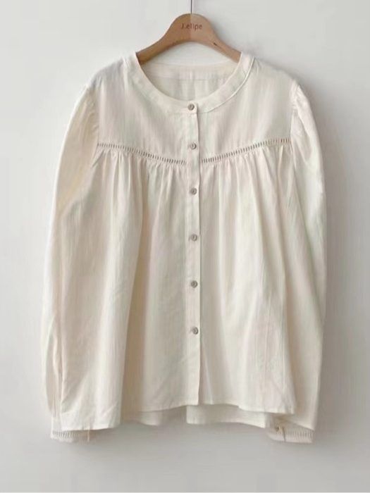 Gathered Panel Blouse with Round Neck and Long Sleeves