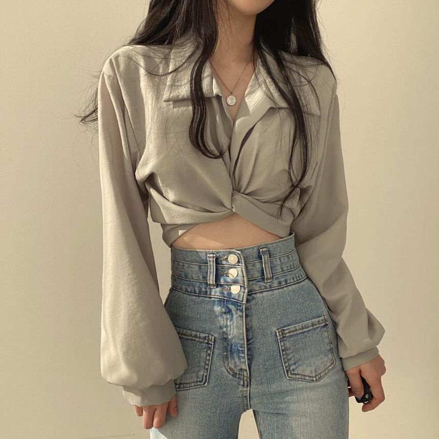 Ruched Tie-Back Collared Crop Shirt with Long Sleeves