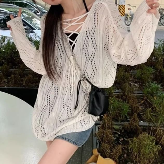 Pointelle Knit V-Neck Lace-Up Top with Long Sleeves