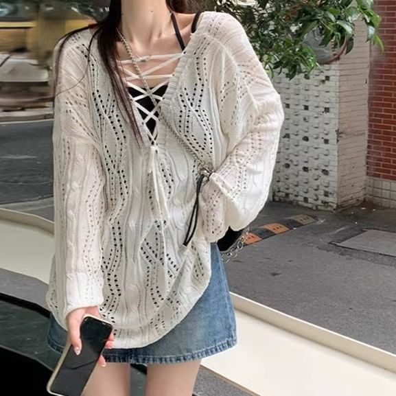 Pointelle Knit V-Neck Lace-Up Top with Long Sleeves