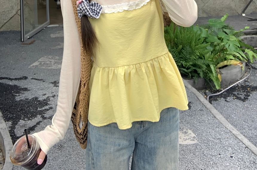 Long-Sleeve Round Neck Tee and Ruffle Tunic Camisole Set
