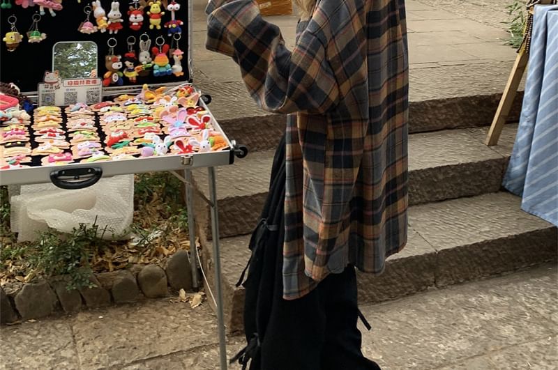 Drop-Shoulder Plaid Long-Sleeve Shirt