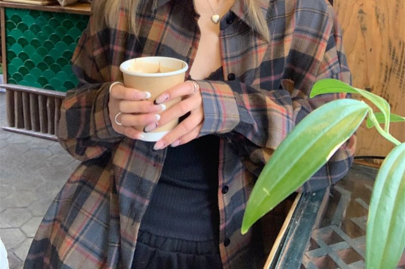 Drop-Shoulder Plaid Long-Sleeve Shirt