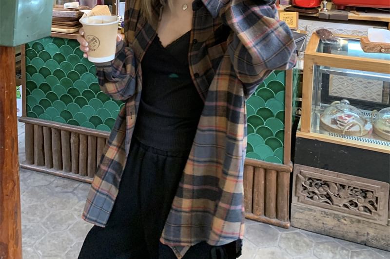 Drop-Shoulder Plaid Long-Sleeve Shirt