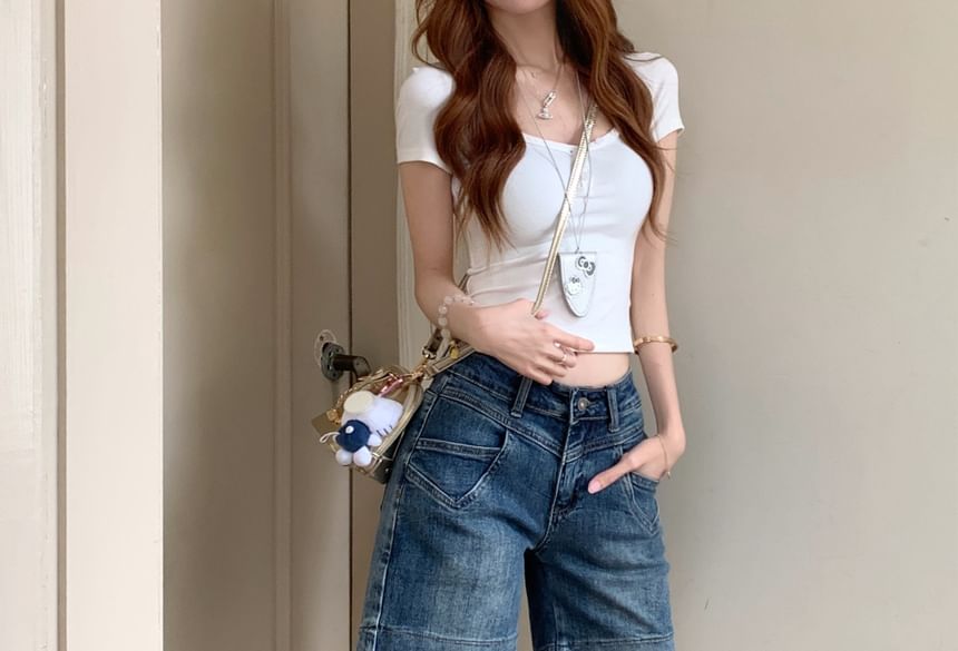Low Rise Washed Denim Shorts