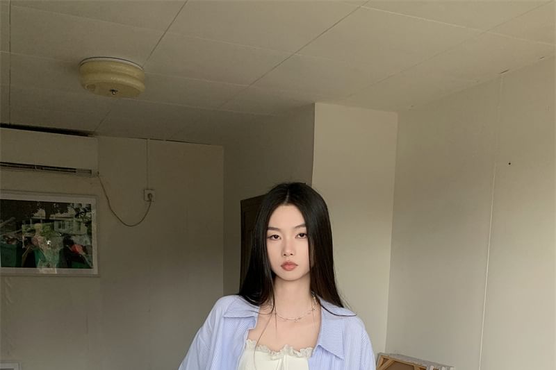 Matching Set: Long-Sleeve Shirt, Pleated Mini Skirt, and Camisole