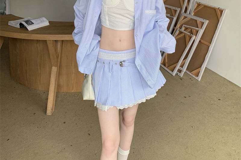 Matching Set: Long-Sleeve Shirt, Pleated Mini Skirt, and Camisole