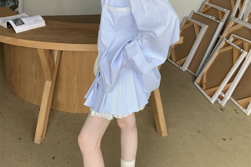 Matching Set: Long-Sleeve Shirt, Pleated Mini Skirt, and Camisole