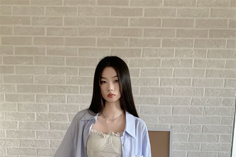 Matching Set: Long-Sleeve Shirt, Pleated Mini Skirt, and Camisole