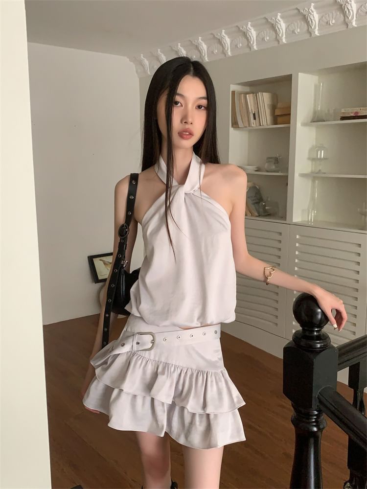 Halter Crop Top with Belted Tiered Mini Skirt