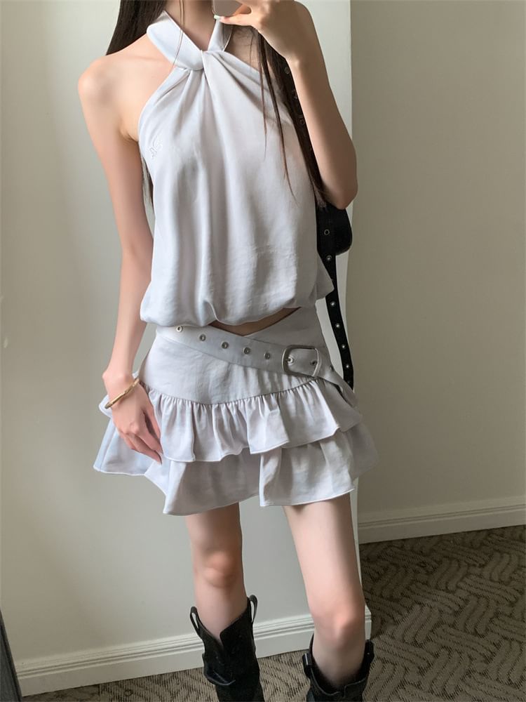 Halter Crop Top with Belted Tiered Mini Skirt