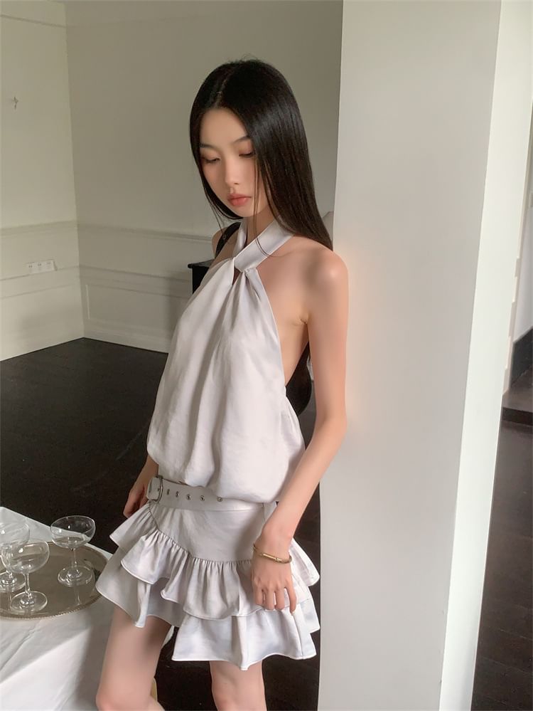 Halter Crop Top with Belted Tiered Mini Skirt