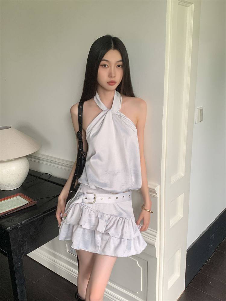 Halter Crop Top with Belted Tiered Mini Skirt