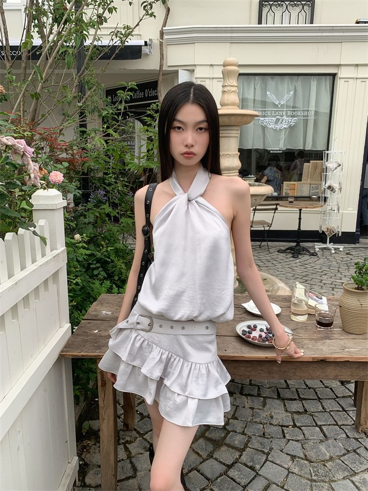 Halter Crop Top with Belted Tiered Mini Skirt